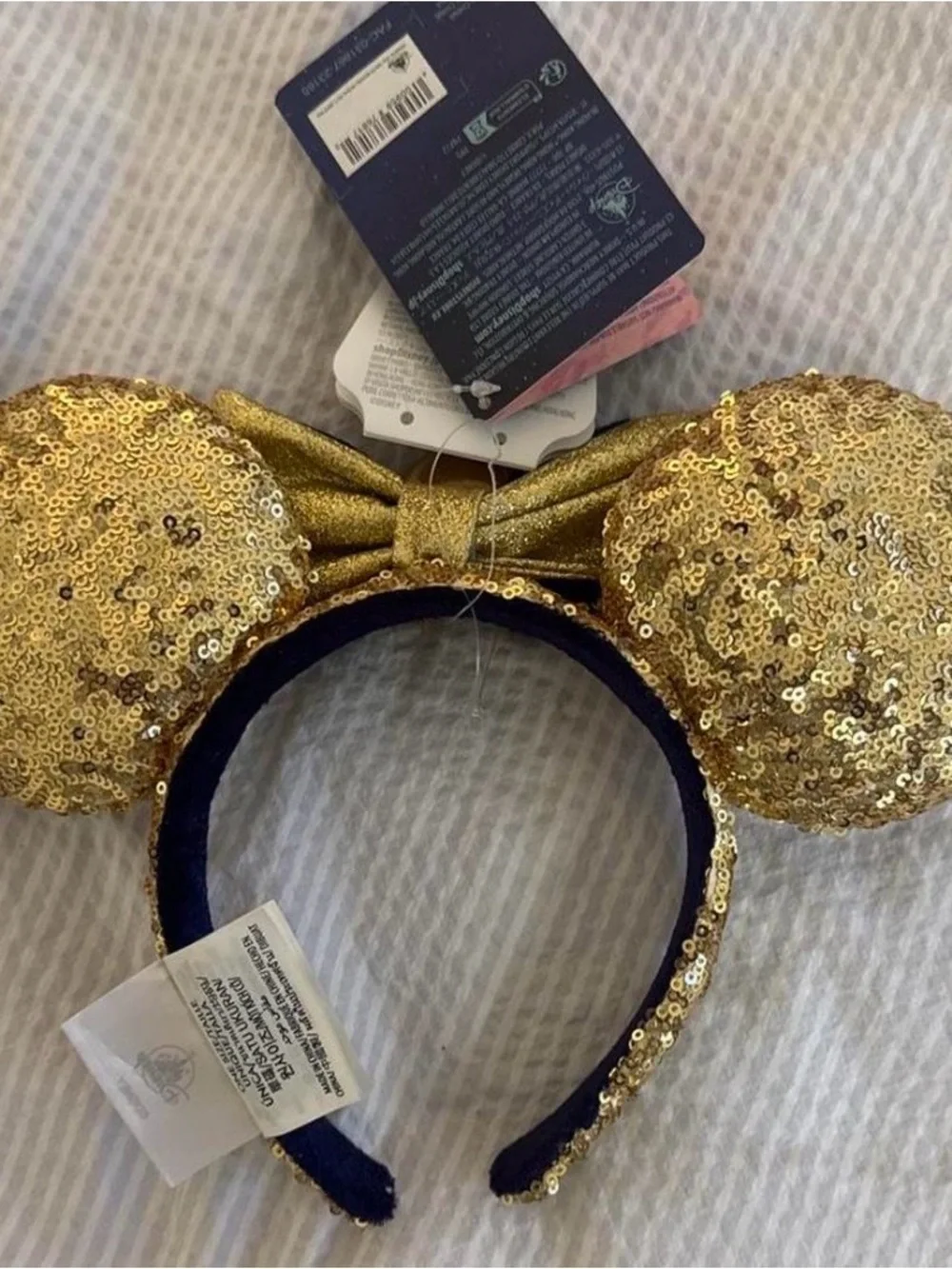 Disney Gold Sequin Ear Headband with Navy Bow and Star Accent